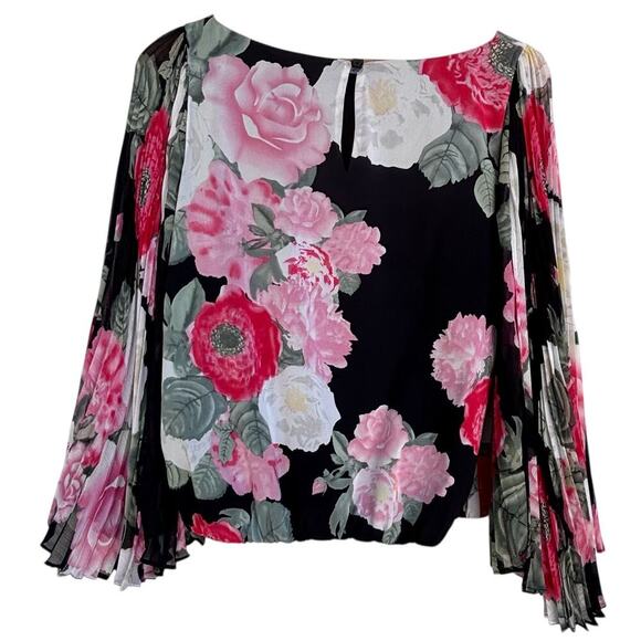 Alice + Olivia Floral Silk Blouse Size M Accordion Pleated Transparent Sleeves - Picture 2 of 5